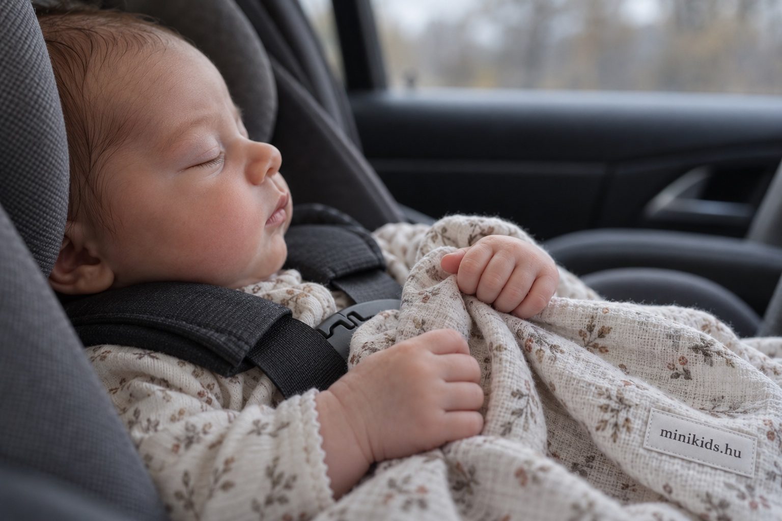 Autós hordozóban alvó újszülött oldalnézetből egy autó hátsó ülésén, közeli kép, a baba két keze a takaró szélén nyugszik