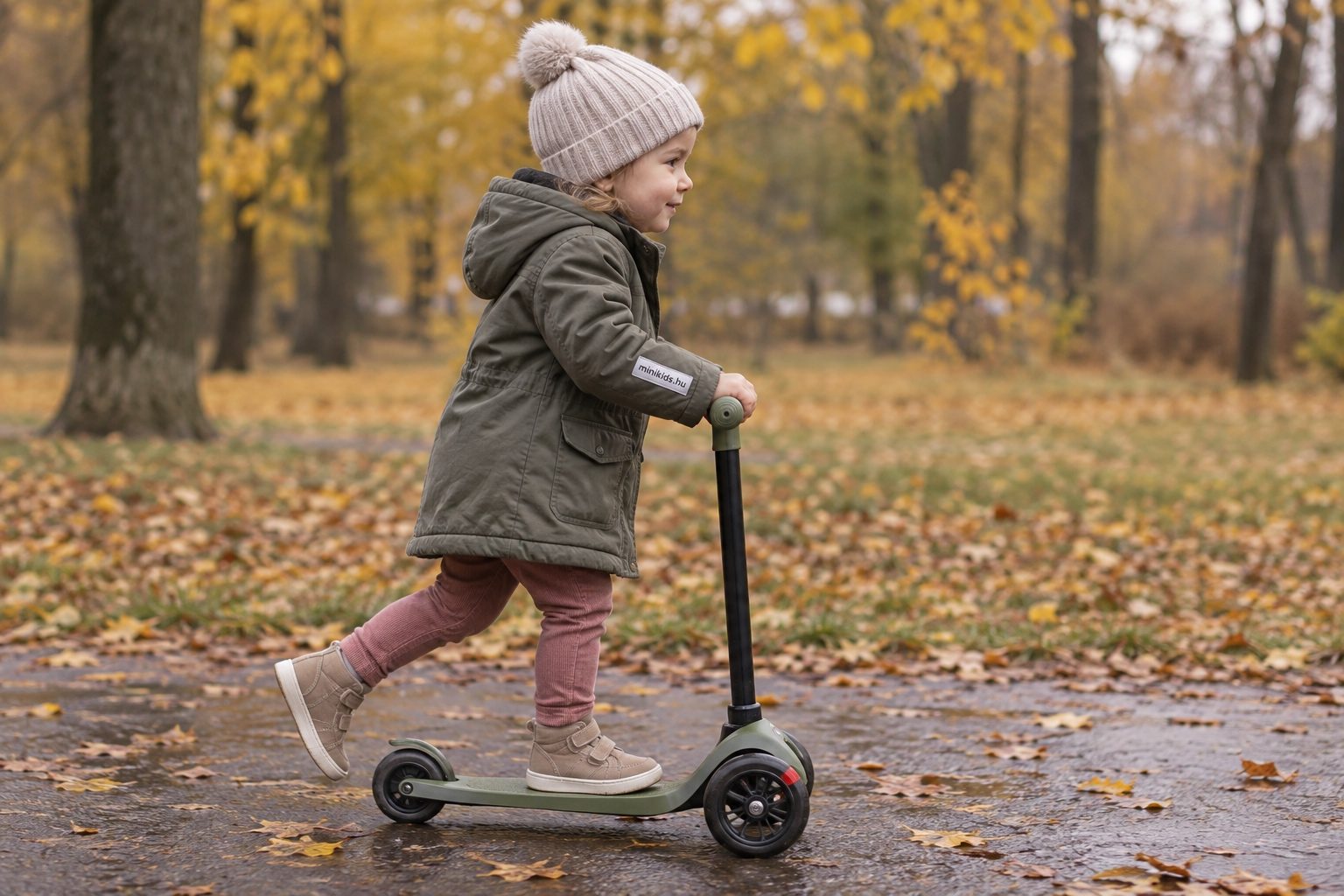 Oldalnézetből egy hároméves kisgyerek háromkerekű rollerrel gurul egy őszi park sétányán, mindkét kezével a kormányt fogja, körülötte sárga falevelek