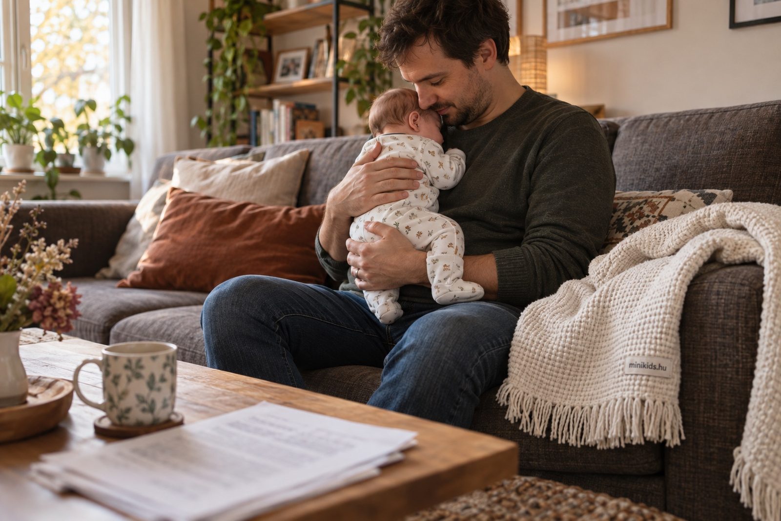 Édesapa a nappaliban, a kanapén a karjában tartja az újszülöttet, mellette a dohányzóasztalon papírok és egy bögre
