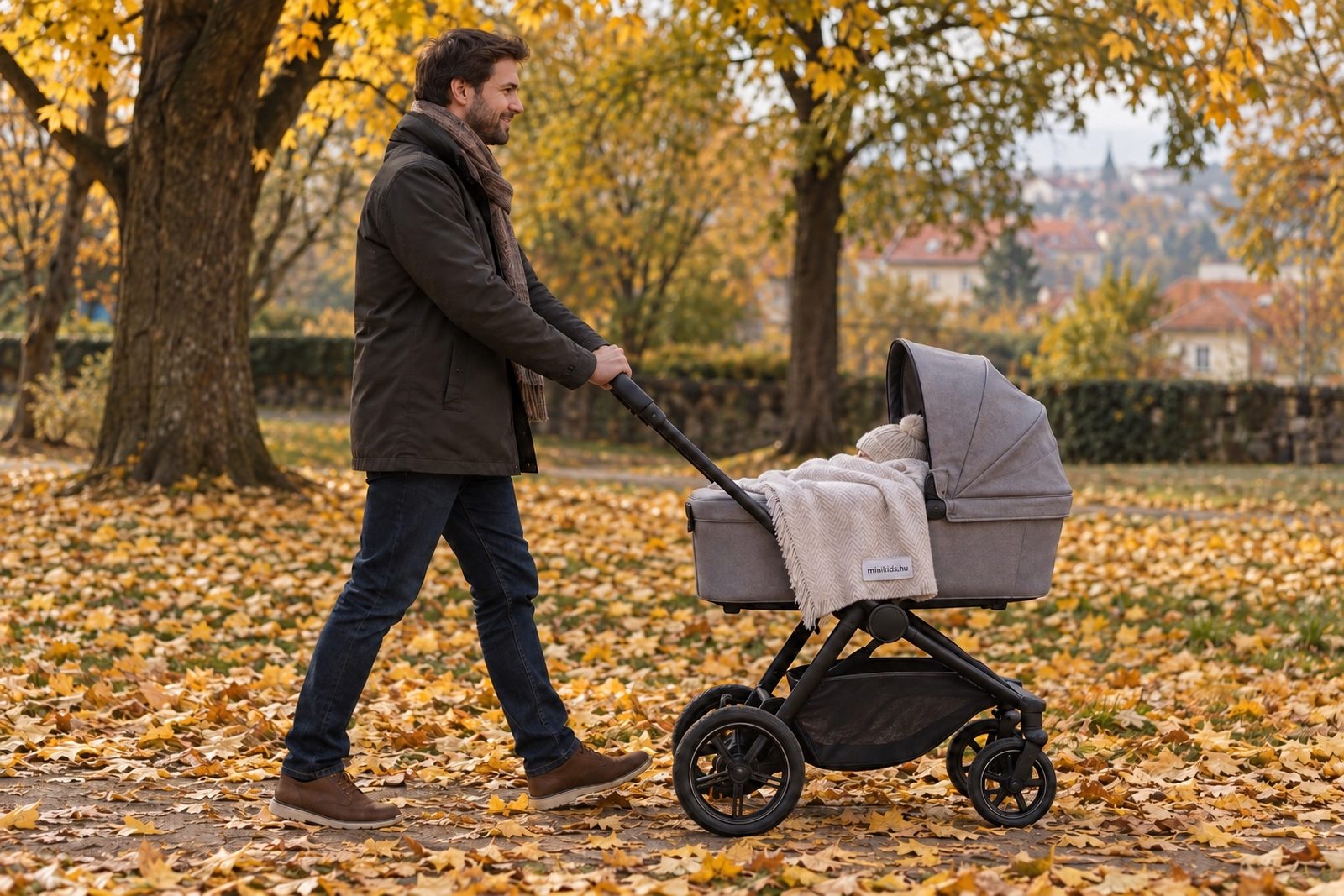 Édesapa babakocsit tol az őszi parkban a szabadsága alatt, a kocsiból a baba kötött sapkája látszik