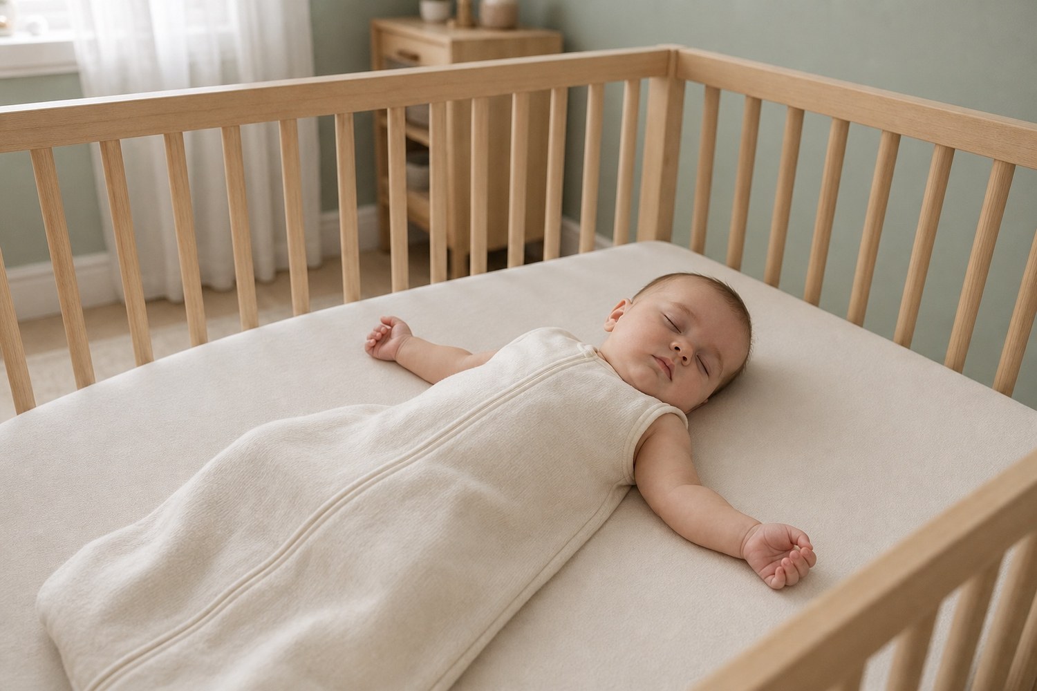 Néhány hónapos baba a hátán, nyugodtan alszik egy üres kiságyban, rajta csak egy pamut hálózsák, se párna, se takaró, se plüss