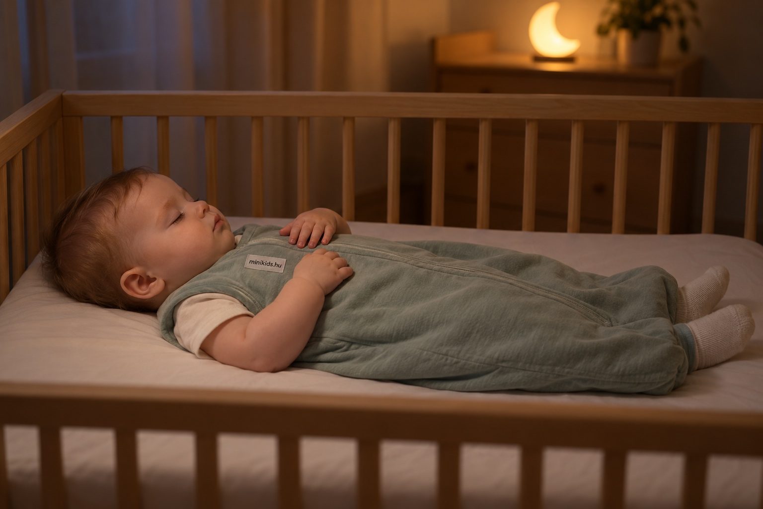 Oldalnézetből látható, hanyatt alvó 8 hónapos baba egy kiságyban, rövid ujjú hálózsákban, mindkét keze a hálózsák fölött, a mellkasán nyugszik, a szobát halvány meleg fény világítja meg