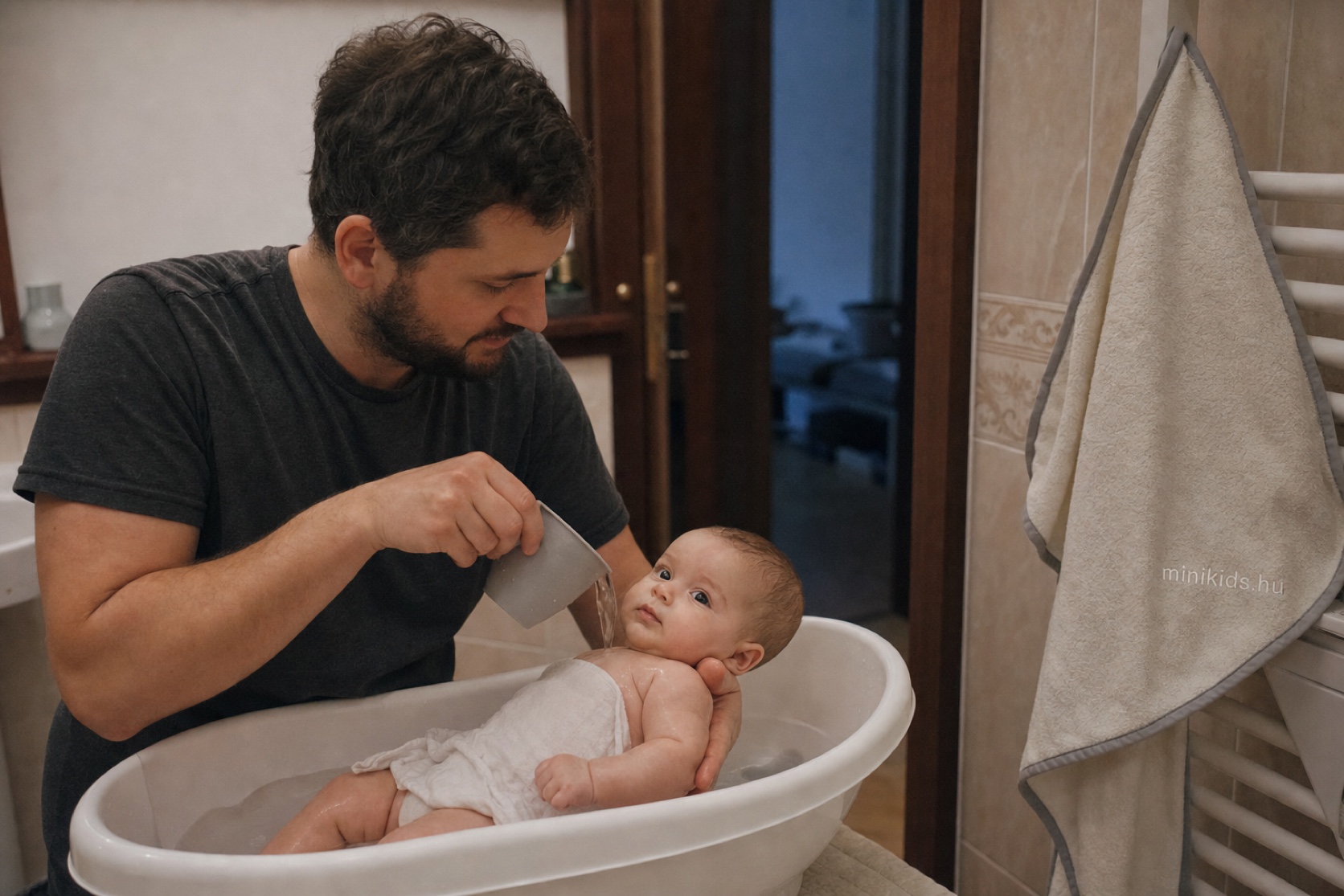 Apa langyos vízzel fürdeti a babát a babakádban, egyik kezével biztosan tartja a baba hátát
