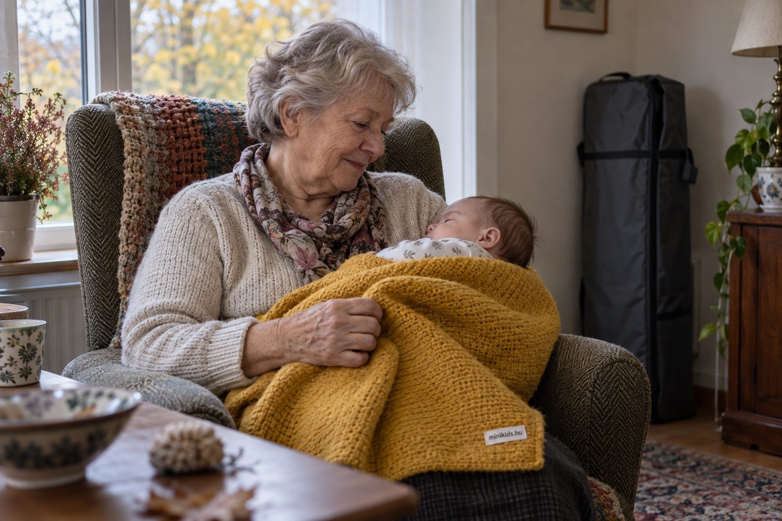 Nagymama a nappaliban a karjában tartja a néhány hónapos babát, mellettük a fal mellett összecsukott utazóágy áll