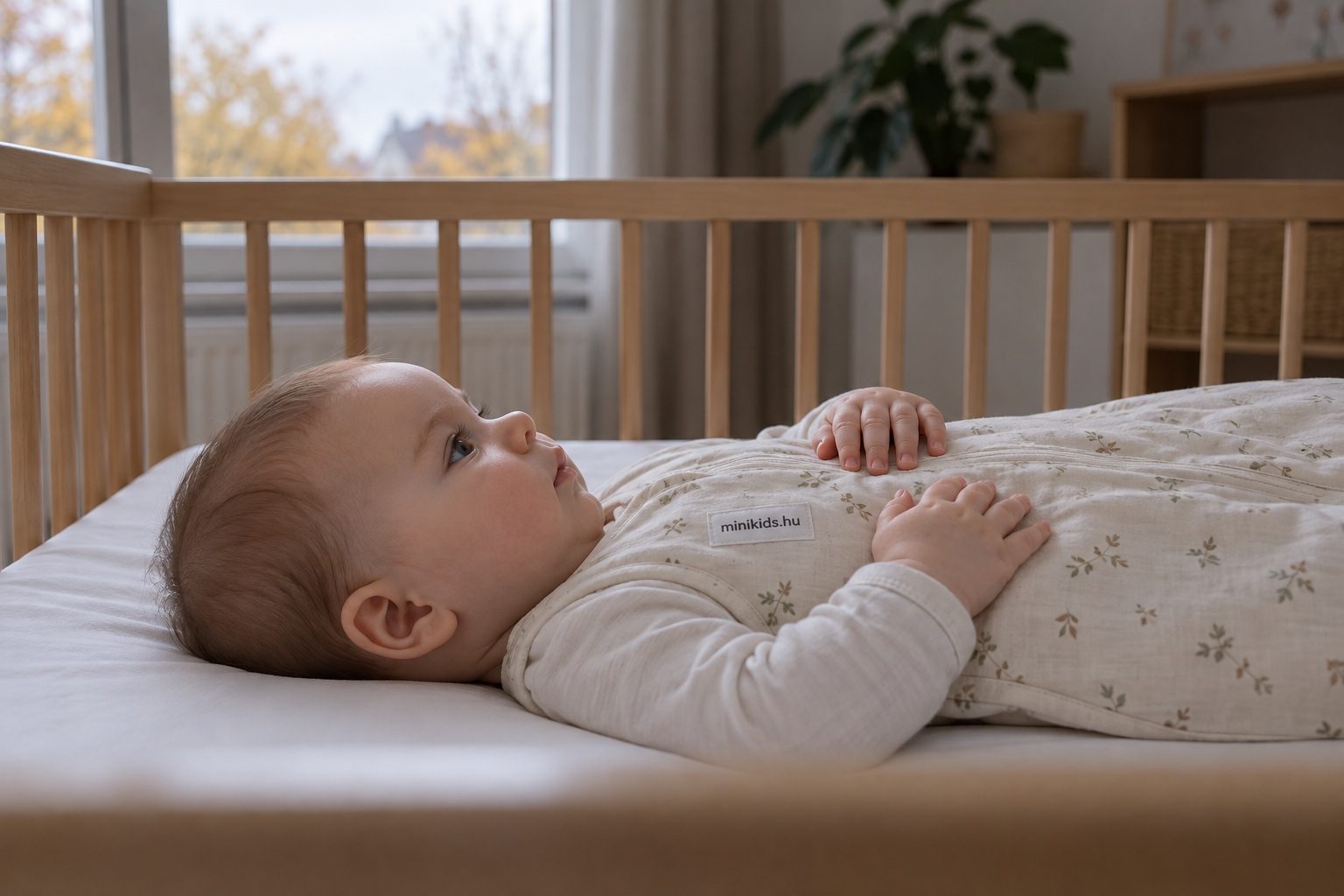 Oldalnézetből háton fekvő kisbaba lapos, kemény matracon, hálózsákban, két keze a mellkasán