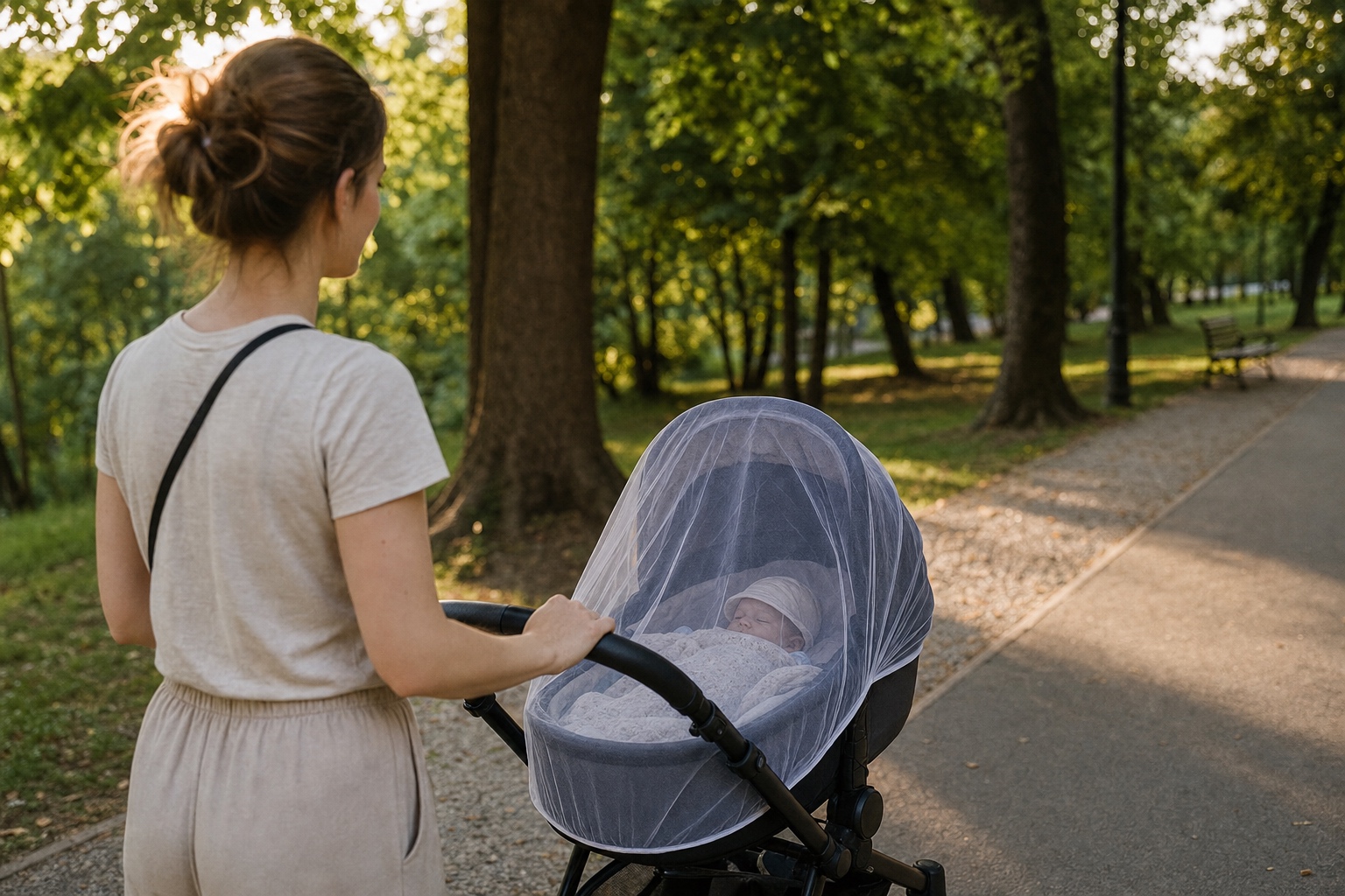Szülő babakocsit tol egy lombos magyar parkban késő délután, a mózeskosáron finom szúnyogháló, alatta a baba napsapkája látszik