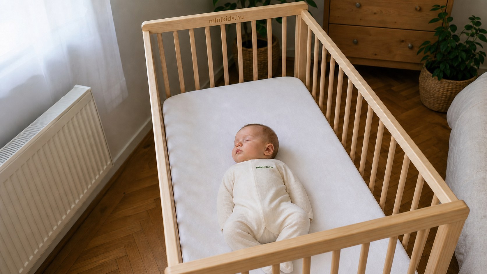 Néhány hónapos baba hanyatt fekve alszik egy fa kiságyban, az ágyban csak a matrac és egy feszülő lepedő van