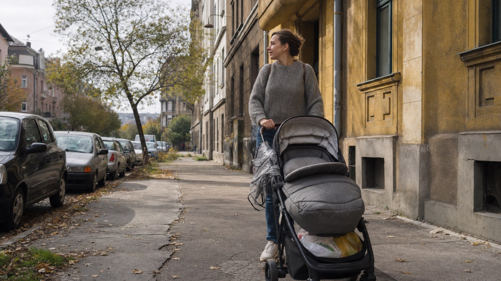 Anyuka babakocsit tol egy őszi magyar városi utcán, a vázon esővédő, az alsó kosárban bevásárlás