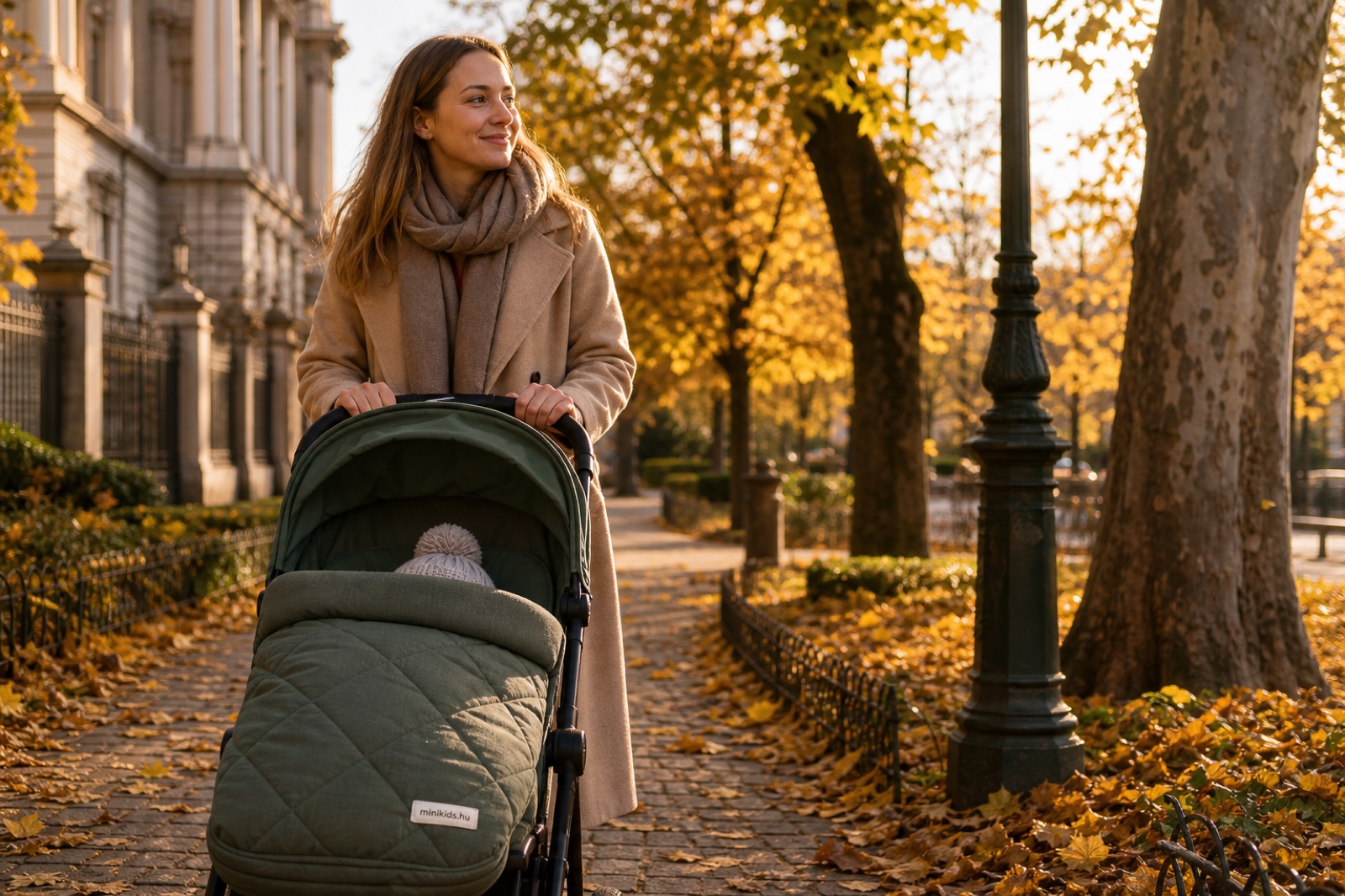 Szülő őszi ligetben sárga lombok között tolja a babakocsit lábzsákkal, a baba sapkája kikandikál