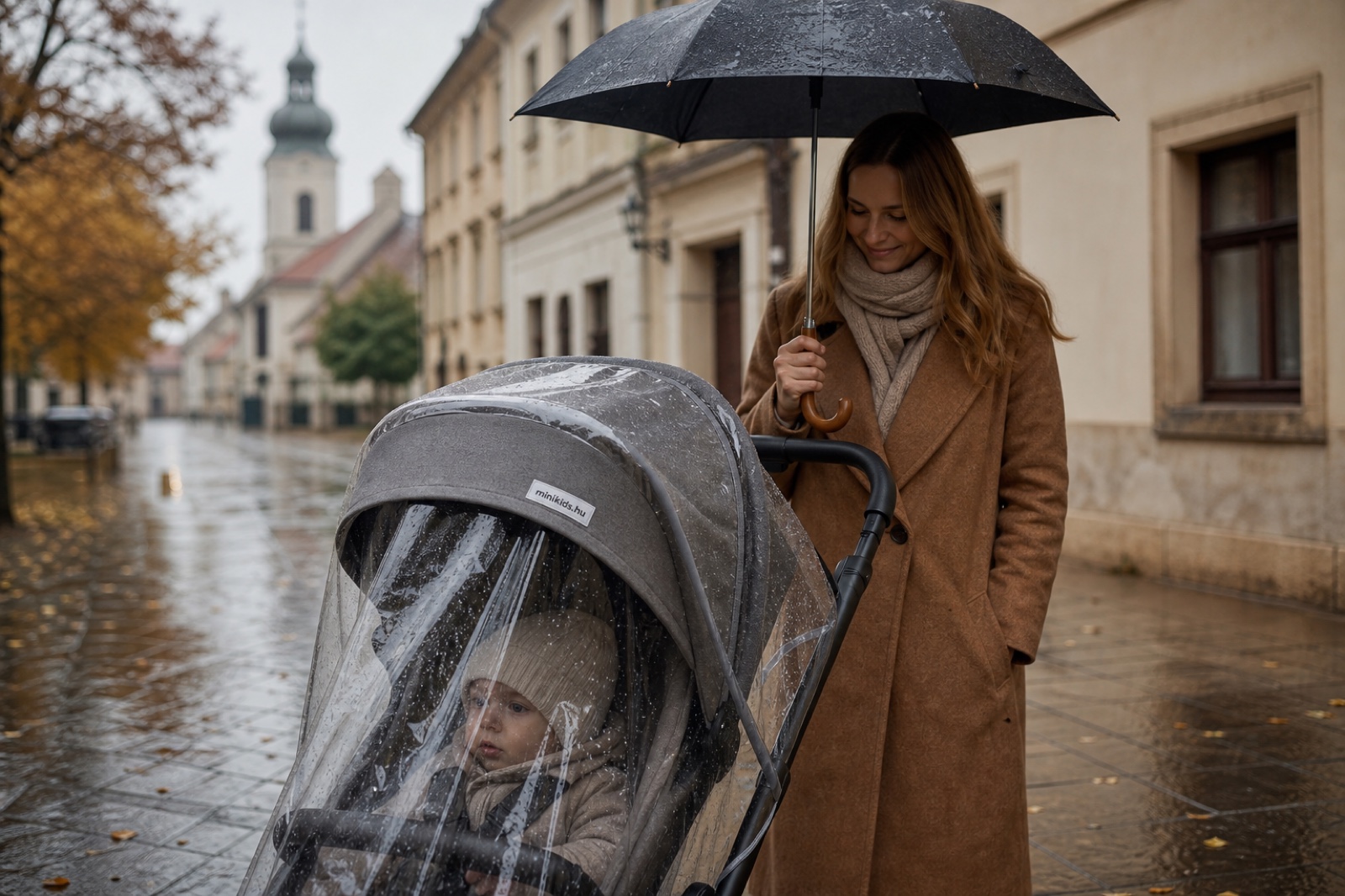 Esővédővel borított babakocsi esős őszi utcán, a szülő esernyőt tart a babakocsi fölé