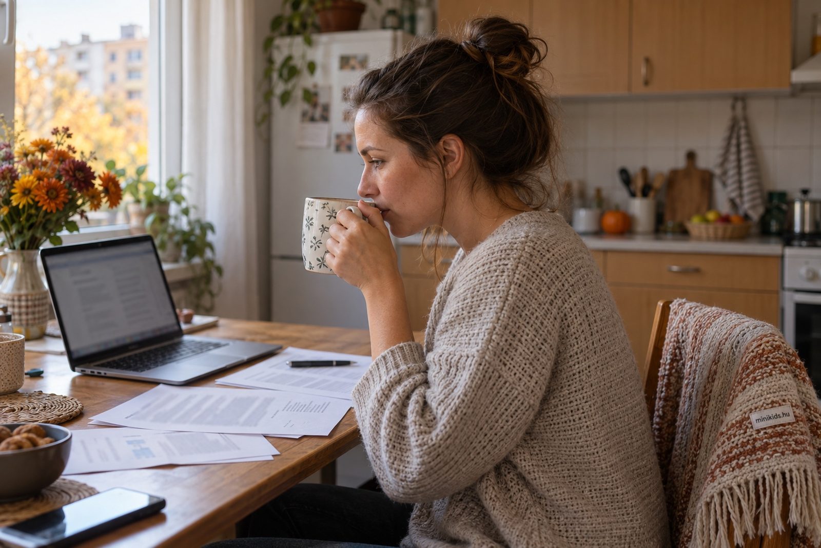 Anyuka a konyhaasztalnál a laptopján intézi a családi pótlék igénylését, mellette kinyomtatott iratok és egy bögre tea