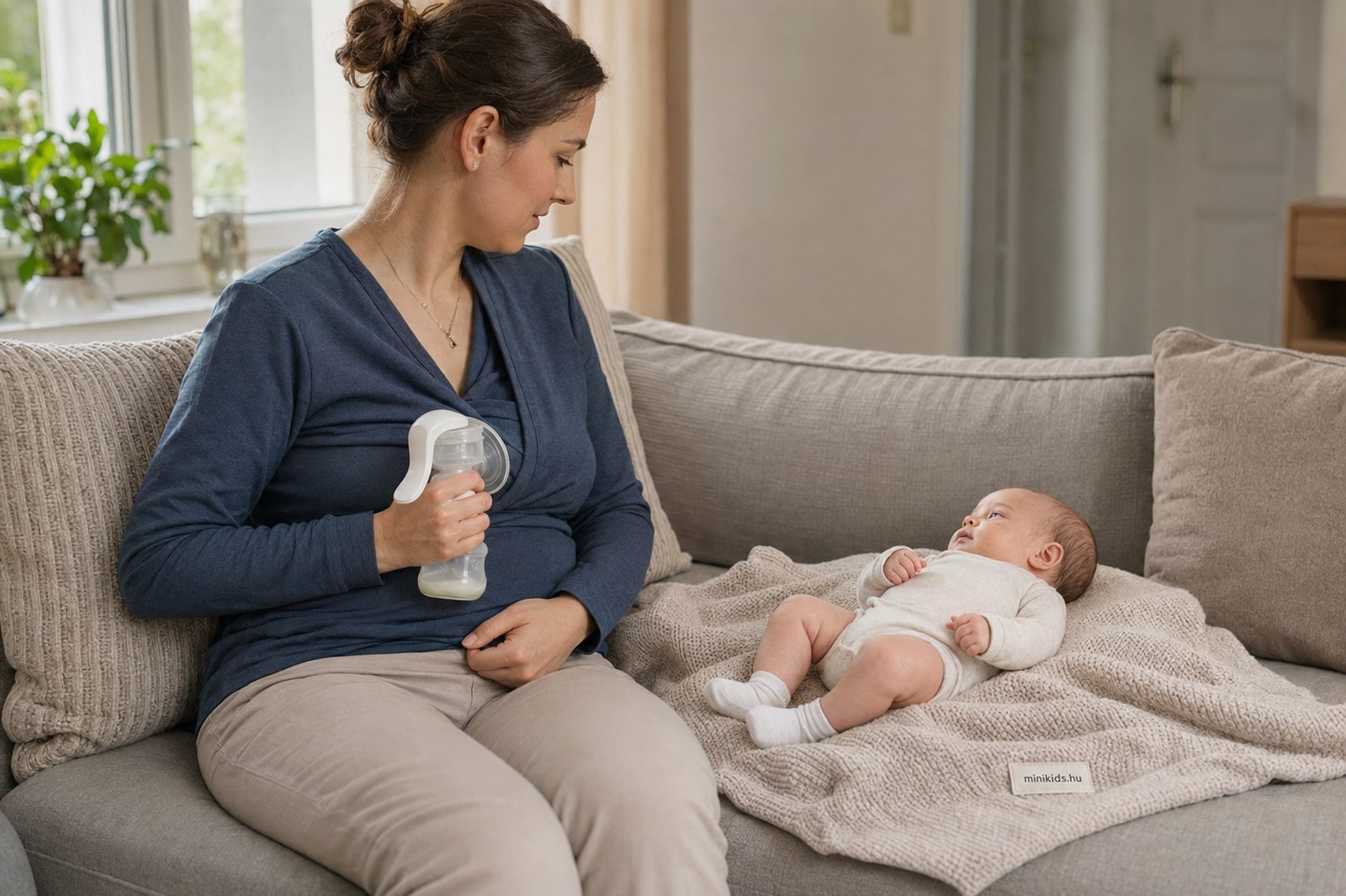 Anyuka a nappaliban mellszívóval fejt anyatejet, mellette a kanapén fekszik a babája egy takarón