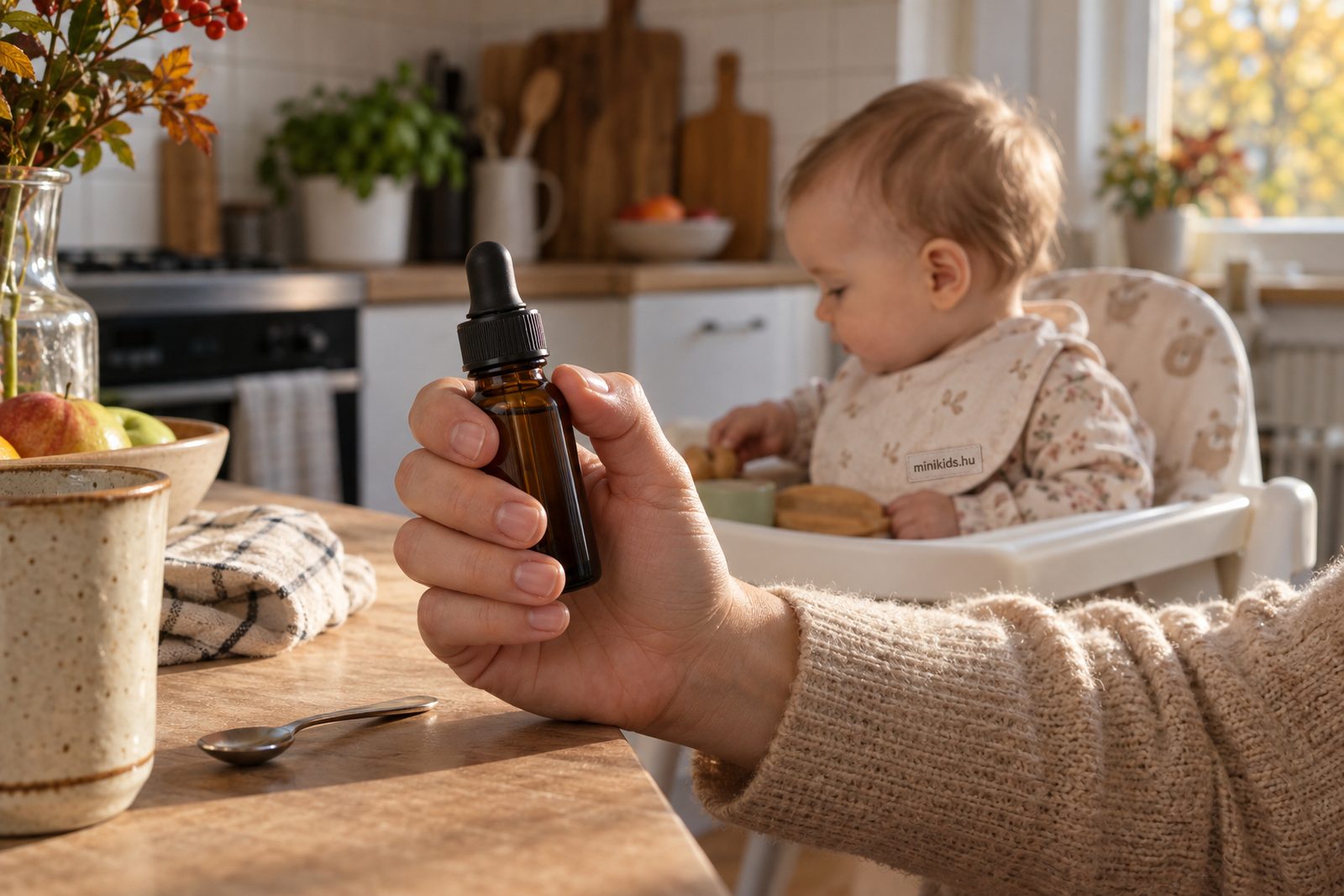 Szülő kezében D-vitamin cseppentős üvegcse egy őszi konyhaablak fényében, mellette etetőszékben ülő baba oldalnézetből