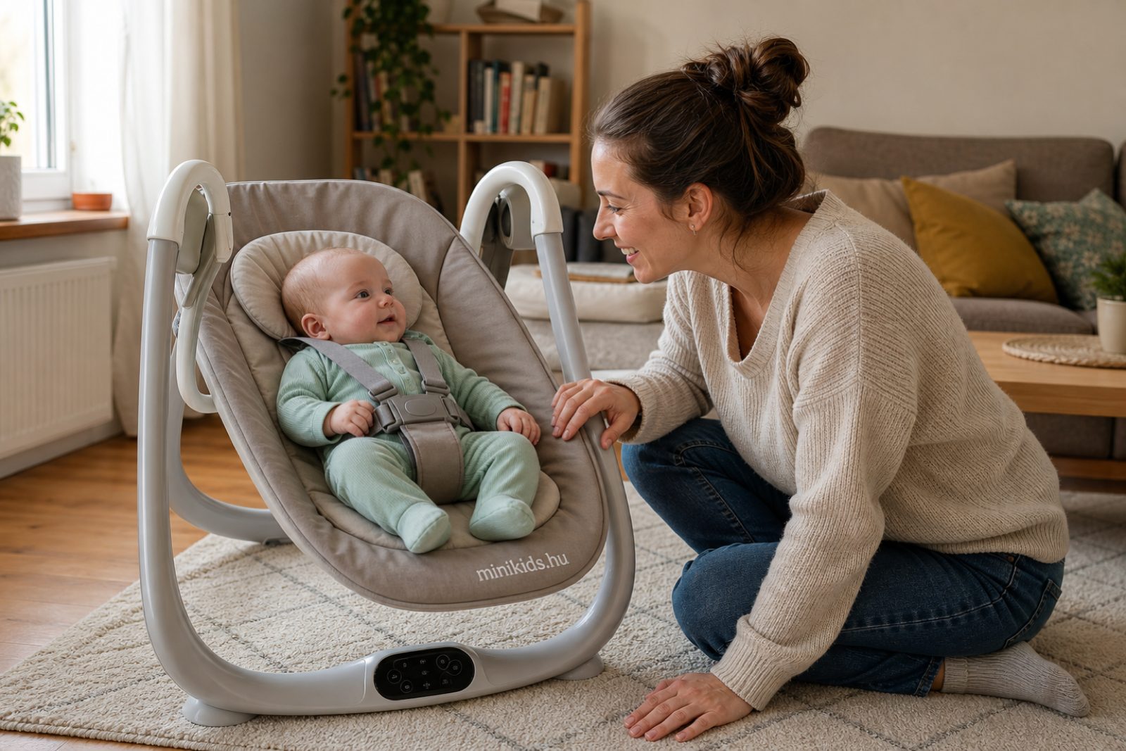 Kisbaba bekötve fekszik az elektromos babahintában a nappaliban, az anyukája mellette guggol és mosolyog rá