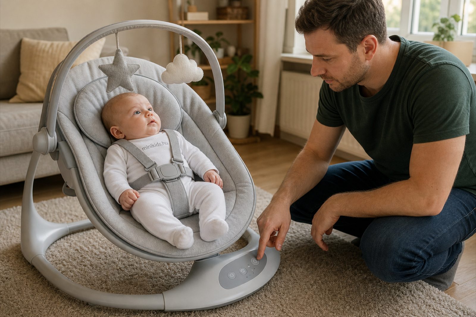 Apa a nappaliban az elektromos babahinta kezelőgombjait állítja, a hintában bekötve fekvő kisbaba a fölé függesztett játékokat nézi
