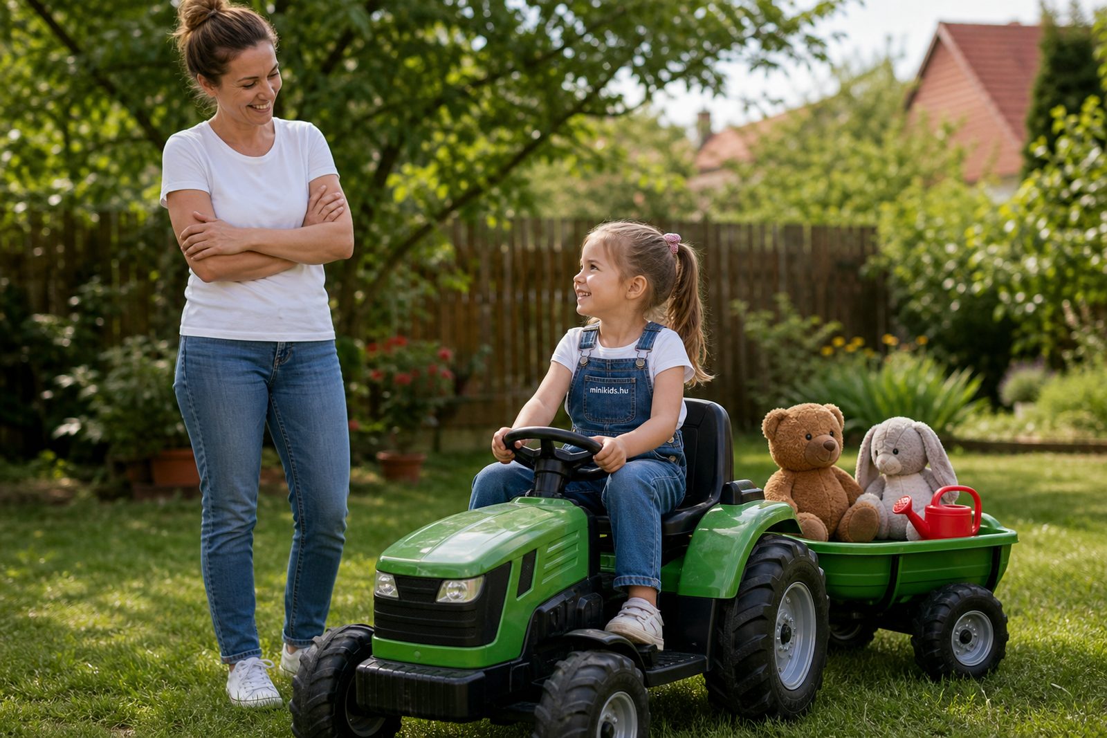 Kislány zöld elektromos traktoron ül a kertben, az utánfutójában plüssjátékok, az anyukája a traktor mellett áll