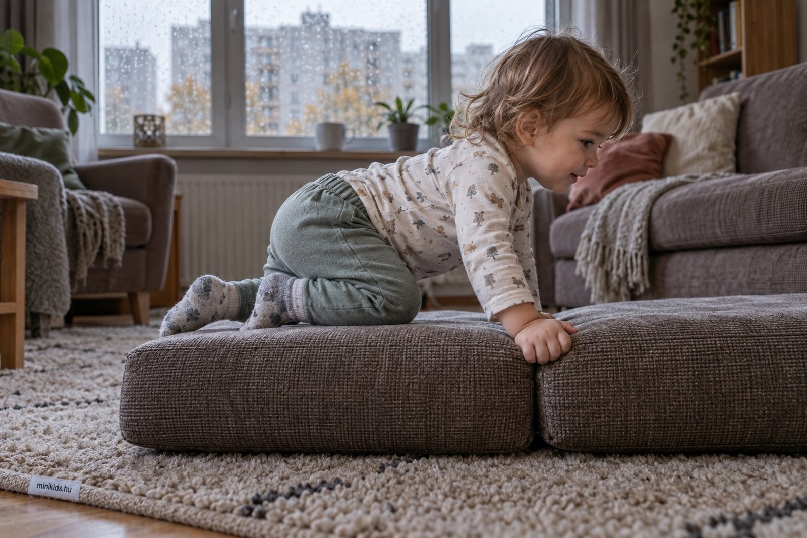Kisgyerek párnákból épített akadálypályán mászik át a nappali szőnyegén, az ablakon kívül esik az eső