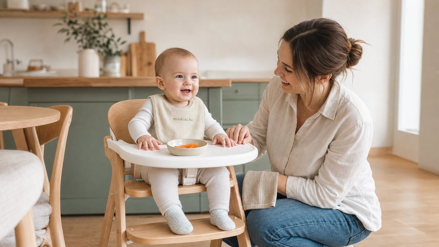 Nagyjából nyolc hónapos baba egyenes háttal ül egy világos etetőszékben a konyhában, előtte kis tálka, az édesanyja mellette mosolyog