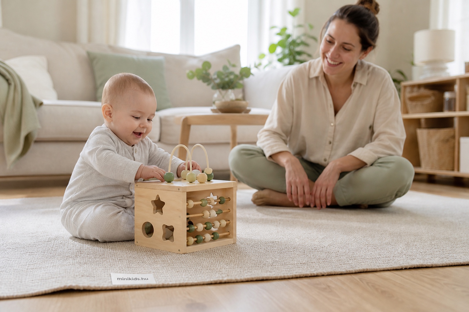 Baba ül a nappali szőnyegén, színes fejlesztő játékkockával játszik, mellette szülő figyeli