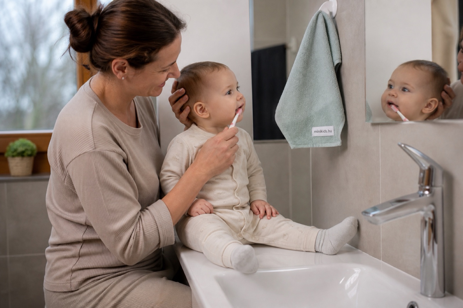 Anyuka gyengéden fogat mos egy ülő, egyéves forma babának egy puha fejű bébi fogkefével, a baba a tükörbe néz