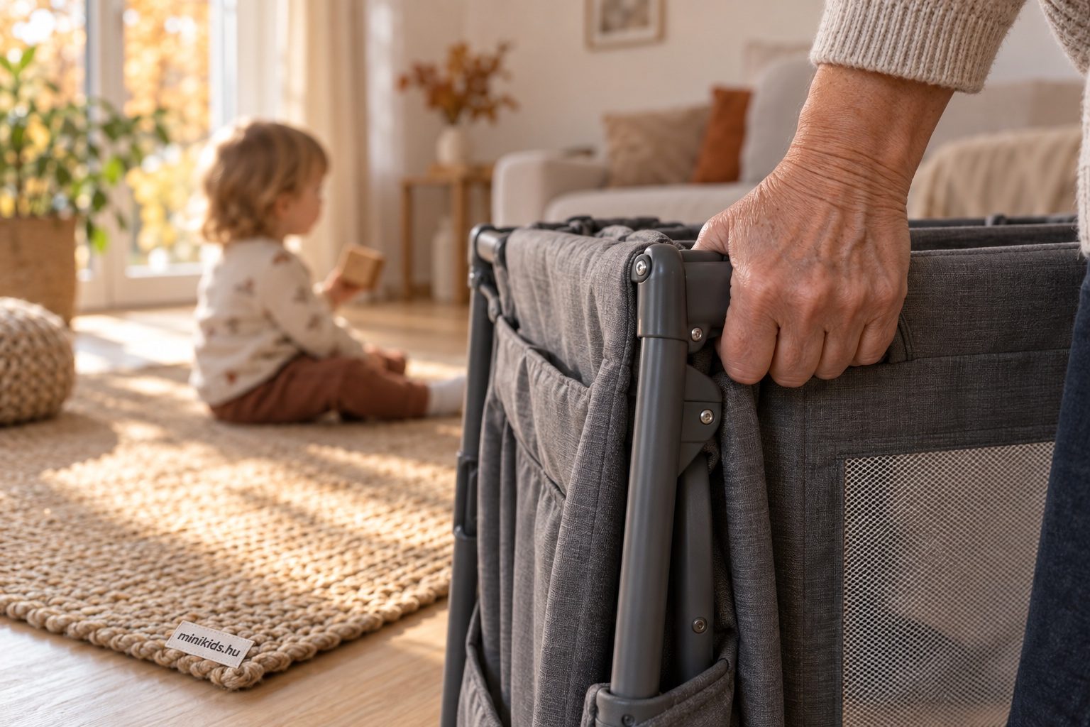 Nagymama keze egy összecsukható utazóágy oldalát fogja a nappaliban, mellette oldalnézetből ülő kisgyerek játszik a szőnyegen