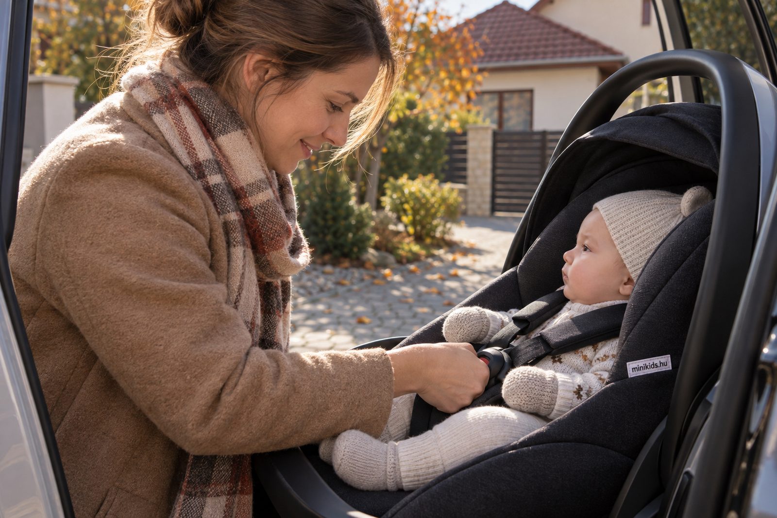 Szülő a nyitott autóajtónál igazítja a hátrafelé néző gyerekülés hevederét, a baba oldalról látszik, körülötte őszi lombok