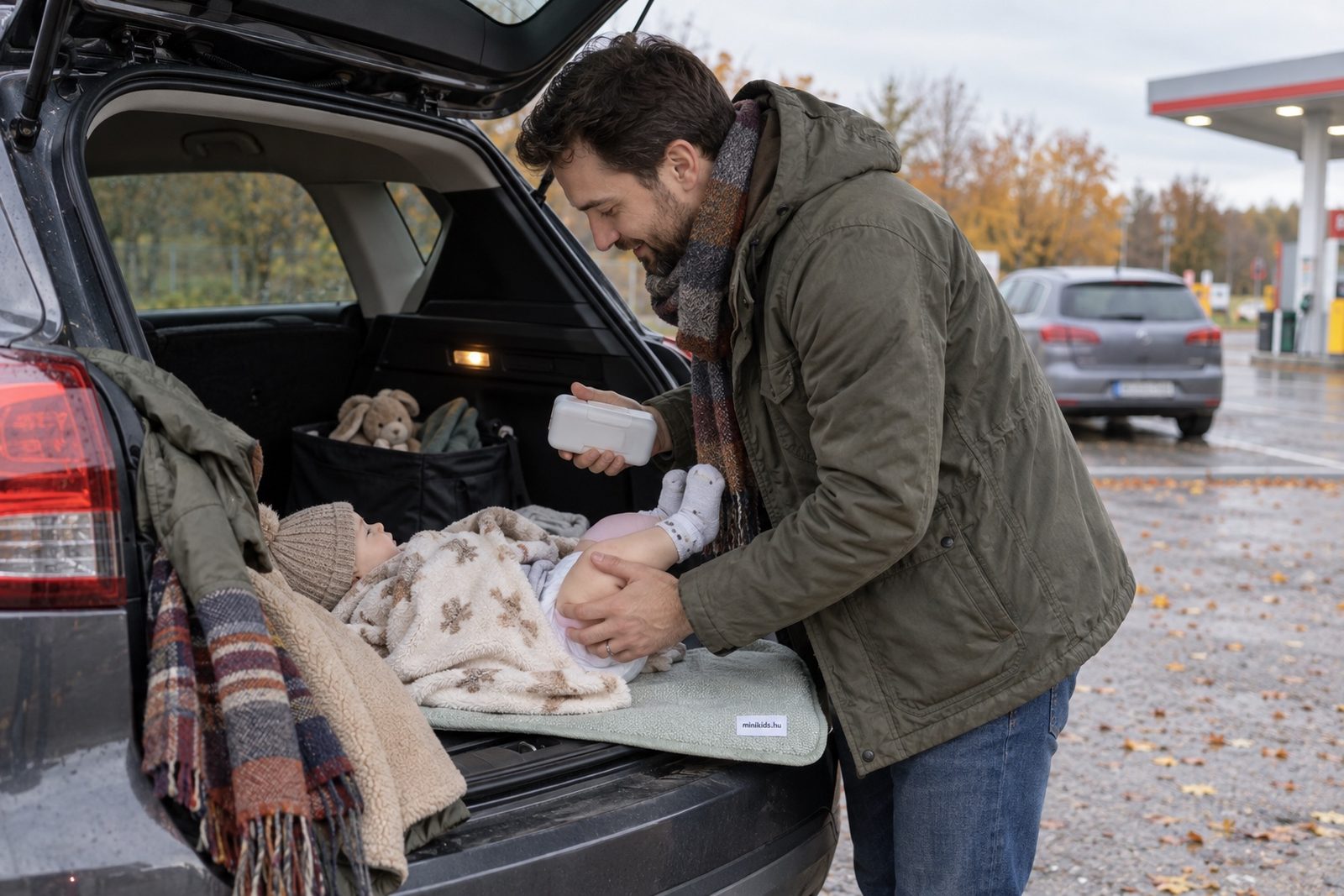 Szülő az autó nyitott csomagtartójában pelenkázza a babát egy őszi parkolóban, kezében a törlőkendős doboz