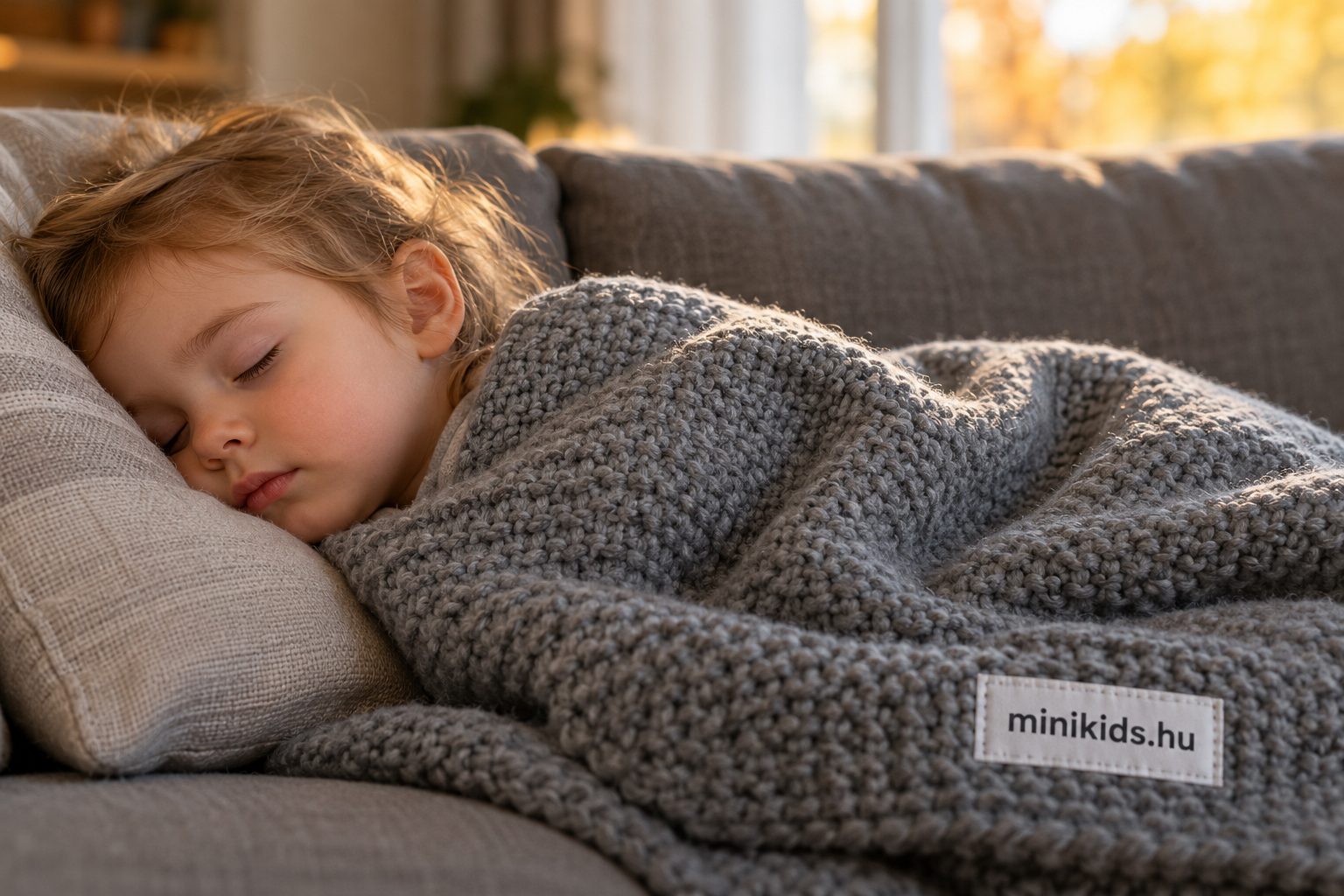 Kisgyerek oldalnézetből a kanapén fekszik egy takaró alatt, arca nyugodt, mellette puha őszi délutáni fény