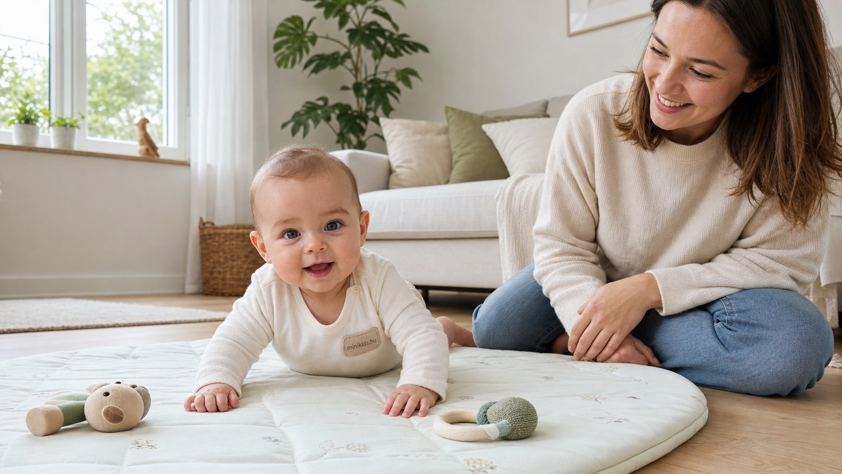 Néhány hónapos baba hasal egy világos játszószőnyegen a nappali padlóján, az édesanyja mellette ül és mosolyogva nézi