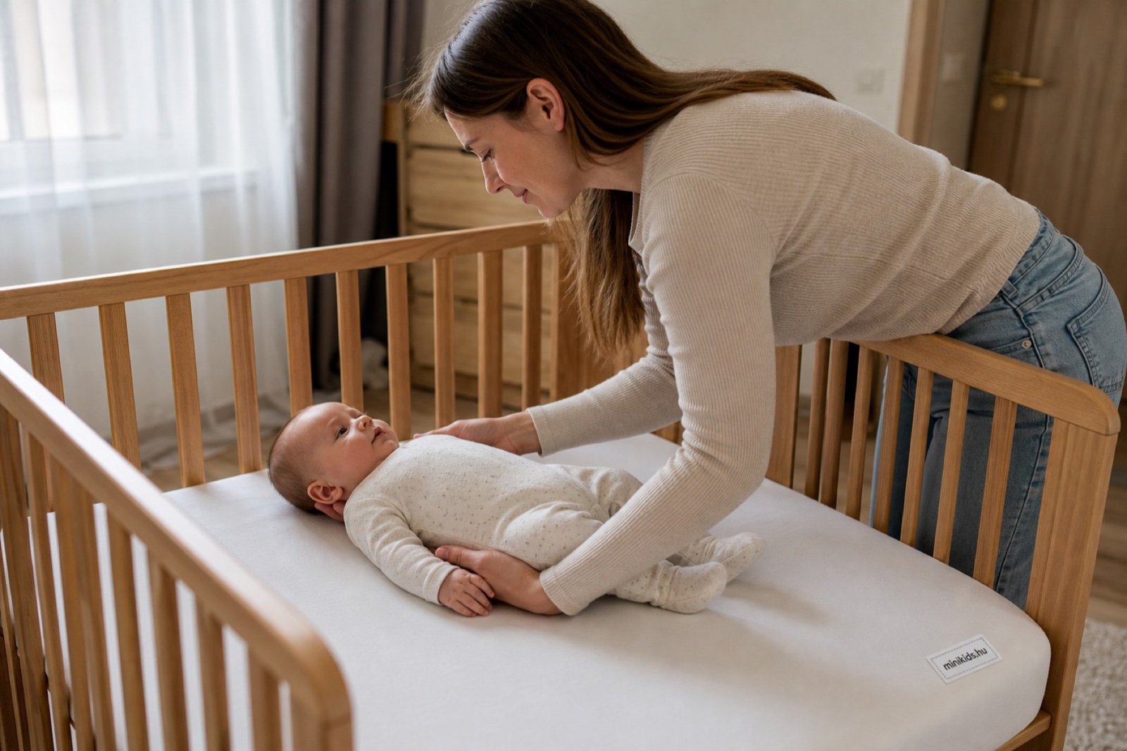 Szülő gyengéden a fa kiságyba fekteti a néhány hónapos babát, az ágyban csak a matrac és egy feszülő lepedő van