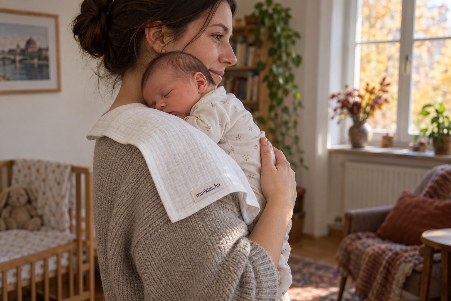 Szülő oldalnézetből, a vállán egy textilpelenkára hajtott fejű újszülöttel, egyik keze a baba hátát támasztja, a baba két keze a szülő vállán pihen
