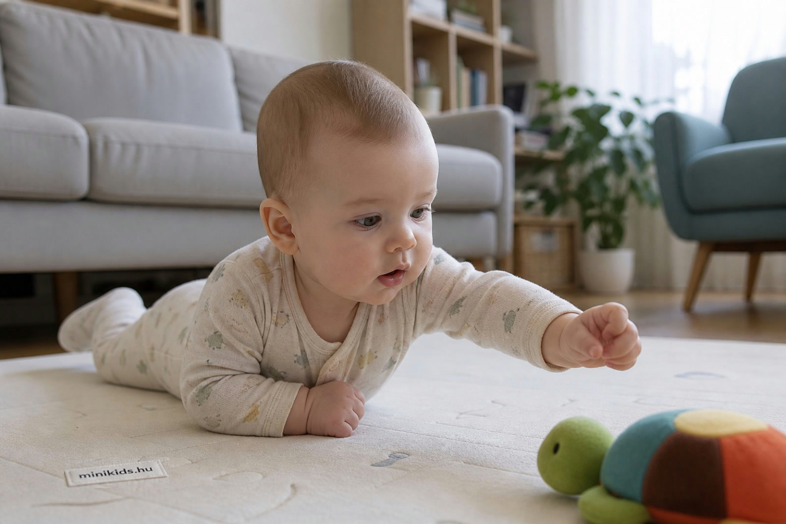 Kisbaba hasal a puha játszószőnyegen, felsőtestét megemelve nyúl egy színes játék felé
