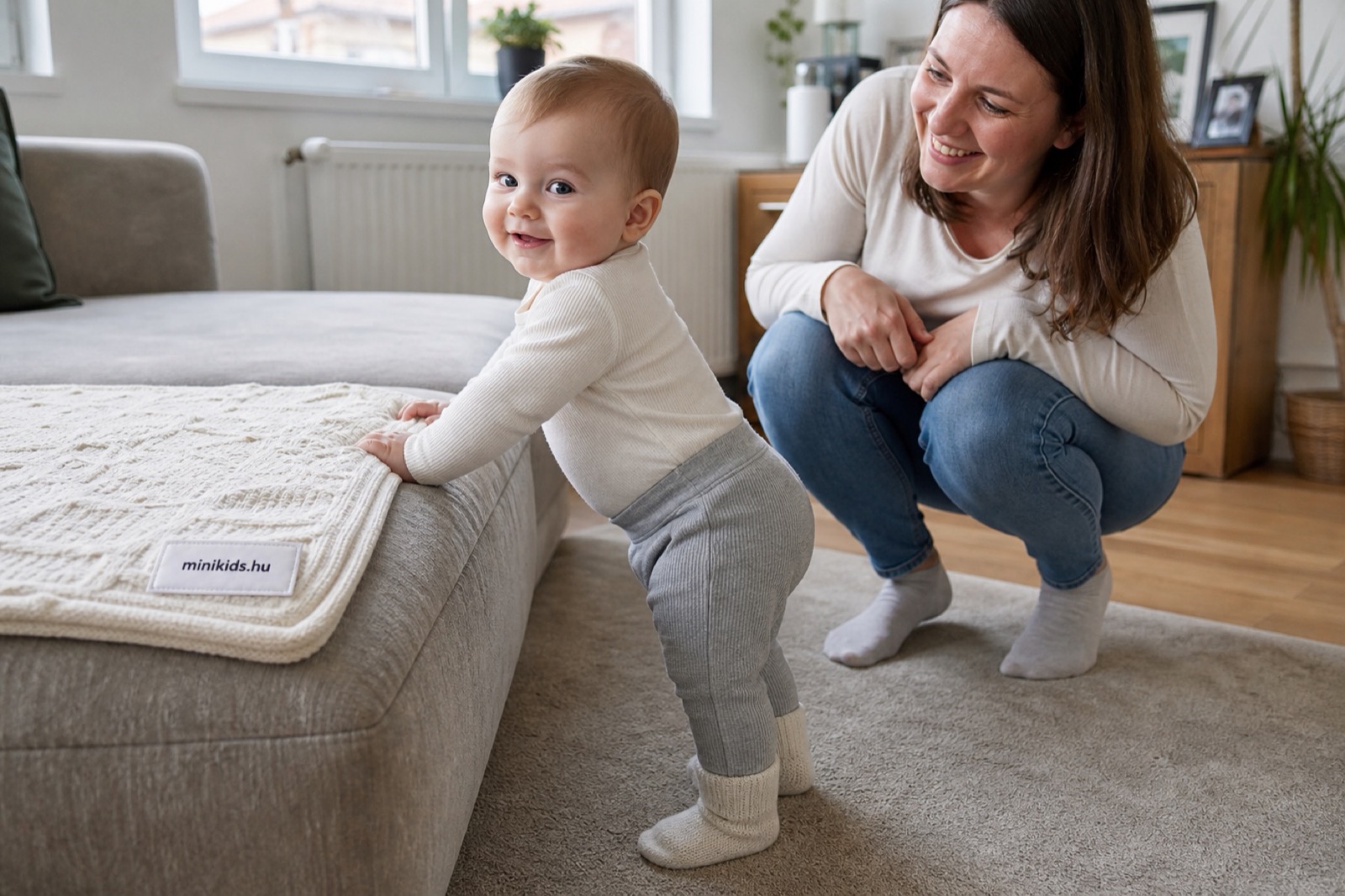Kisbaba zokniban áll, két kézzel egy alacsony, puha kanapé szélébe kapaszkodva, mögötte az édesanyja guggol biztatóan