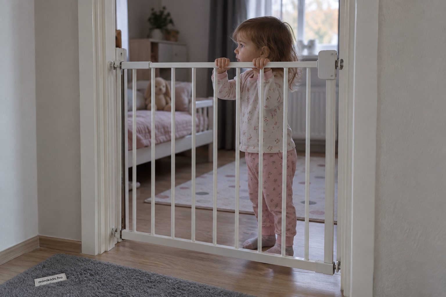 Fehér fém ajtórács egy gyerekszoba ajtókeretében, mögötte oldalnézetből álló kisgyerek két kézzel fogja a rács felső rúdját, előtte szürke szőnyeg