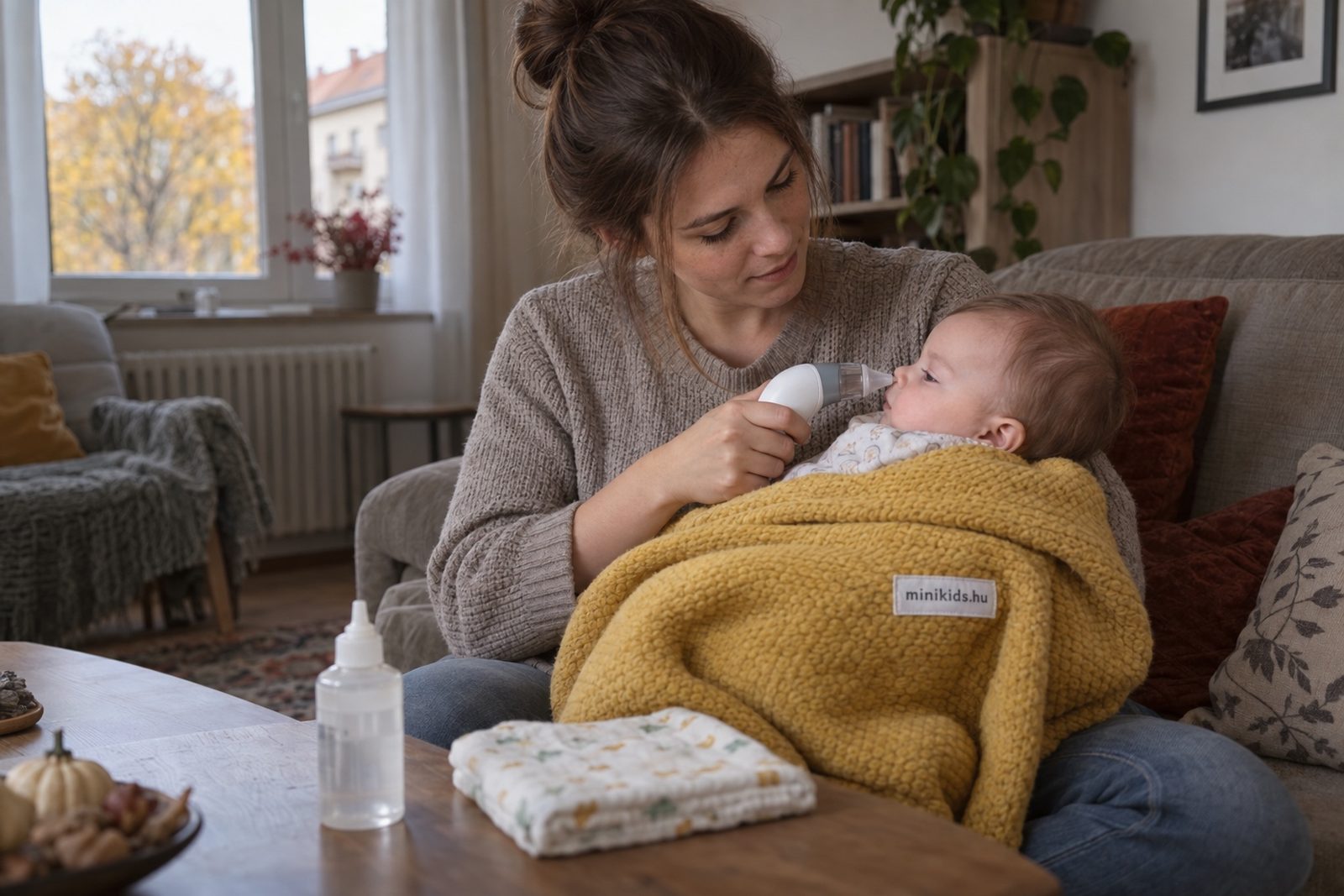 Anyuka a kanapén ülve orrszívóval tisztítja meg a karjában fekvő baba orrát, mellettük sós oldatos flakon