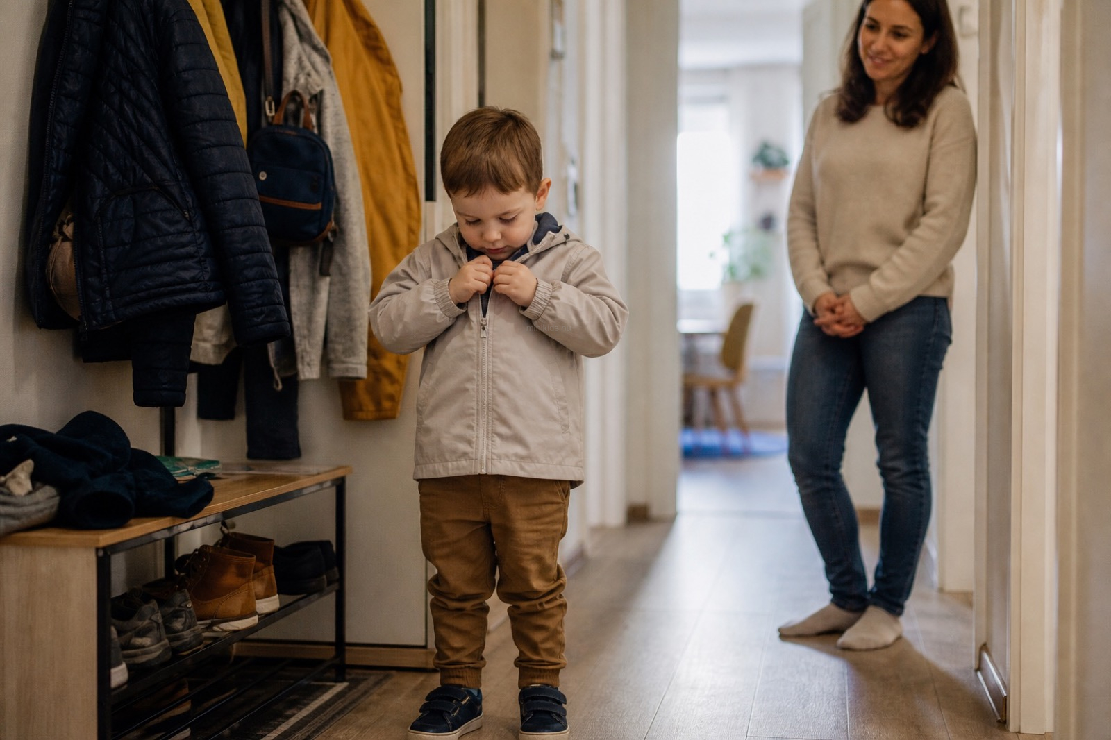 Kisgyerek maga próbálja becipzározni a kabátját a folyosón, cipő már a lábán, anyukája bátorítóan figyeli mellette