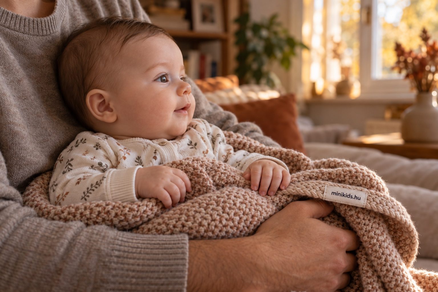 Oldalnézetből látható pár hónapos baba, aki takaróba bugyolálva, félig függőleges helyzetben pihen a szülője karjában egy őszi fényű nappaliban
