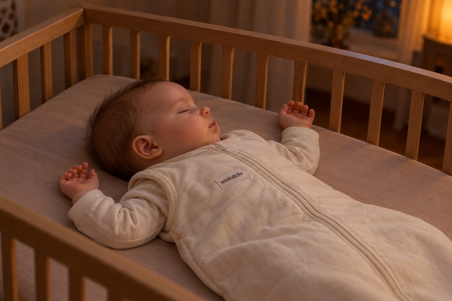Oldalnézetből látható baba, aki hanyatt alszik egy kiságy lapos matracán, körülötte nincs párna és plüss