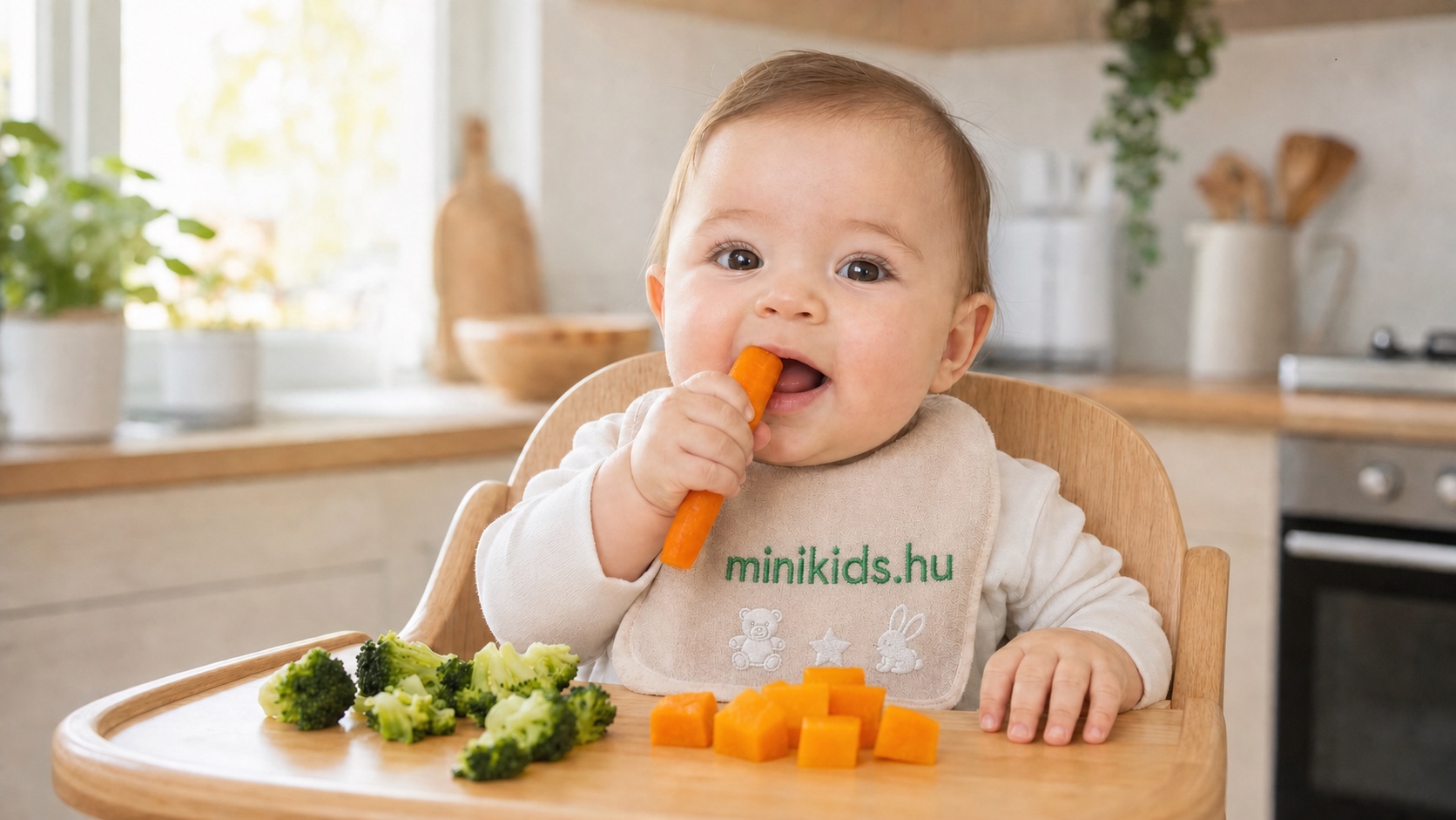 Körülbelül hat hónapos baba etetőszékben ül és érdeklődve nyúl az előtte lévő zöldségfalatok felé