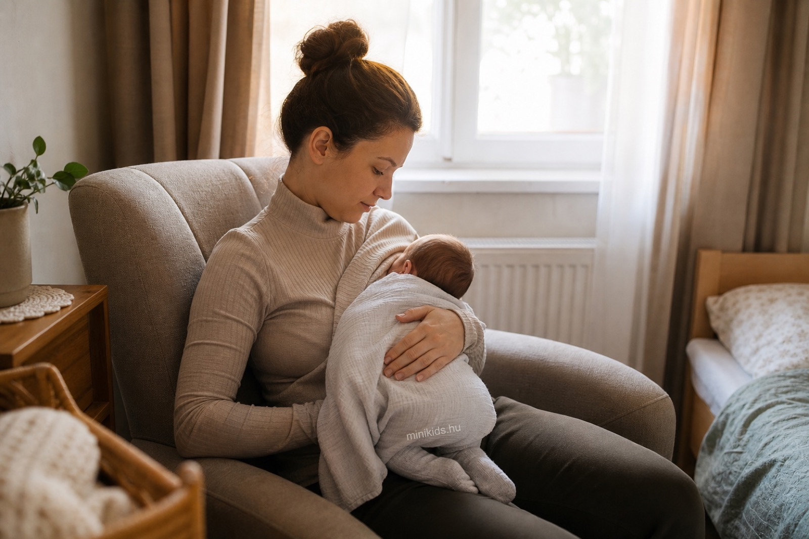 Fiatal anya kényelmes fotelben szoptatja újszülött babáját, meleg reggeli fényben, nyugodt hálószobai környezetben